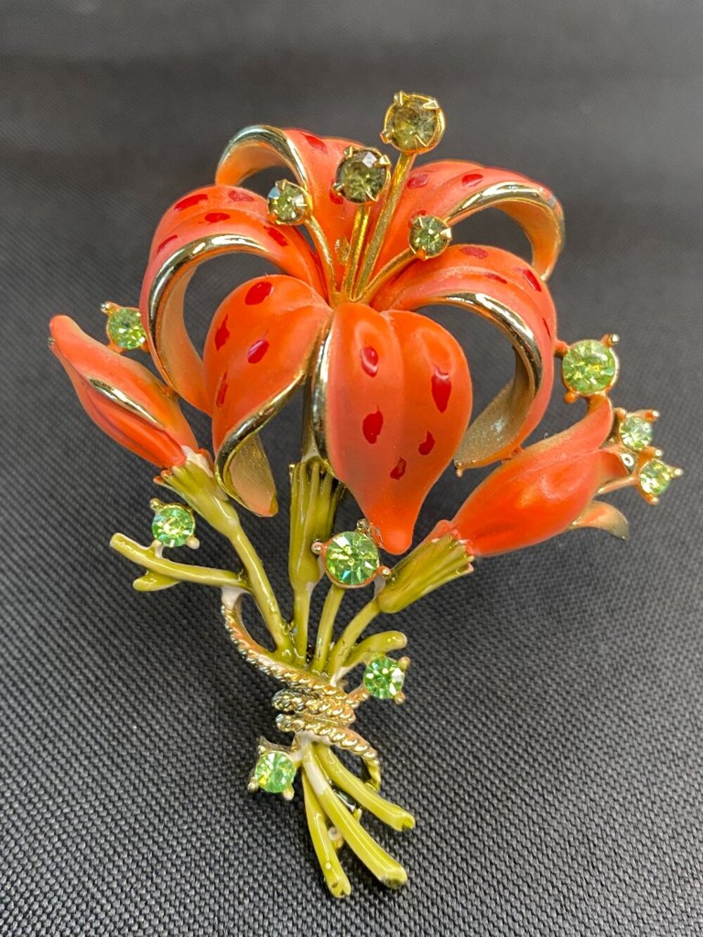 Stunning Mid-century Kinetic Enameled Tiger Lily Brooch w/ 12 Green Rhinestones